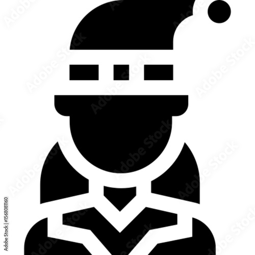Minimalist line icon of a Christmas elf with festive hat and pointed ears, symbolizing holiday cheer, Santa's helper, and magical characters. Perfect for Christmas cards, holiday banners, seasonal app