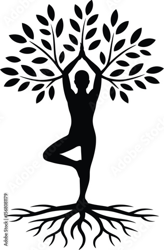 Human tree pose silhouette with roots and branches isolated on transparent background