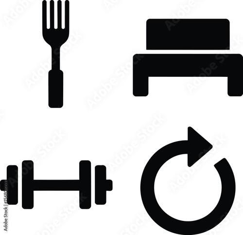Healthy lifestyle icons fork dumbbell bed and refresh symbol silhouette isolated on transparent background
