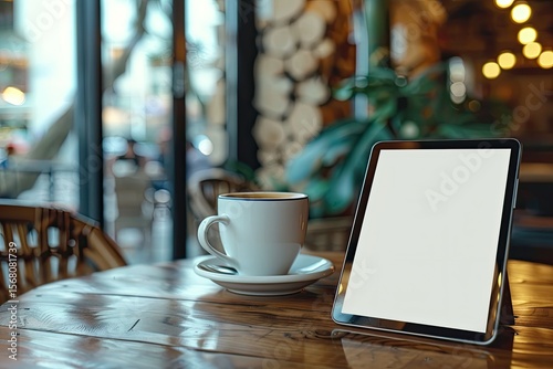 High Resolution Picture of Tablet with Smart Phone and Coffee Cup on Wooden Table in Cafe