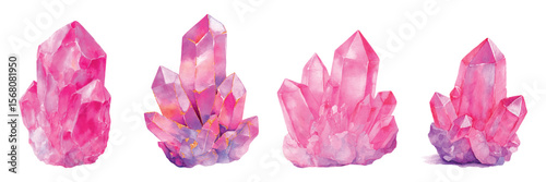 Watercolor set of rose quartz png. Natural pink stones, mineral. Magical quartz of different shapes. Occult mystical gemstones. Vector illustration.