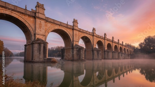 Reina. Puente de Piedra reflected in the Ebro River at dawn, Zaragoza, Spain