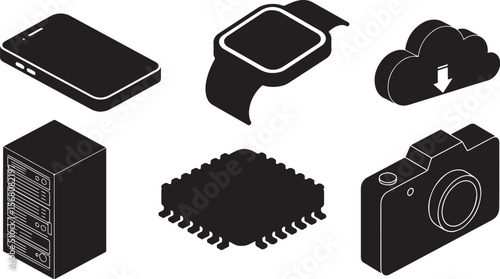 Black and white isometric illustration of technology devices and cloud computing elements