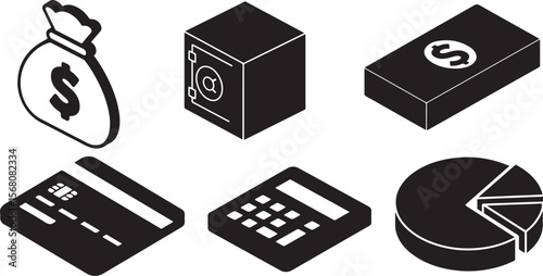 Financial icons depicting money safe credit card calculator and pie chart in black and white
