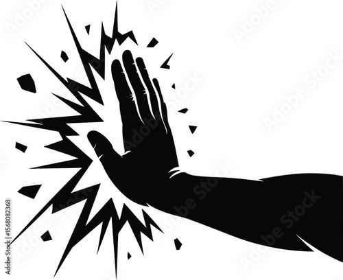 Black silhouette of a hand stopping an explosion isolated on transparent background silhouette