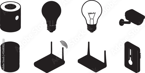 Monochrome icon set illustrating modern technology related objects for smart home concepts
