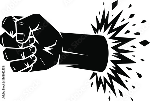 Black fist punching through a wall with explosive effect silhouette isolated on transparent background