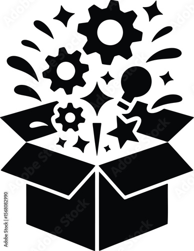 Creative ideas bursting from an open box silhouette isolated on transparent background