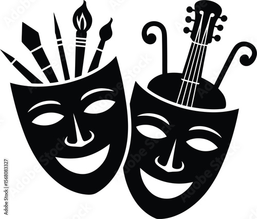 Art and music theatre masks silhouette isolated on transparent background