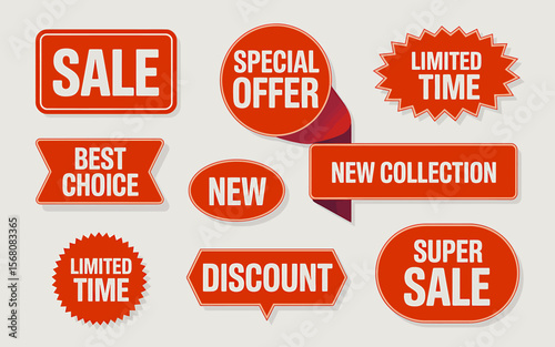 Collection of red sale and discount tags for retail promotions and marketing