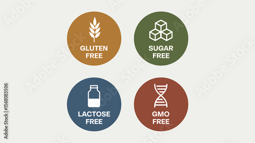 Four circular icons representing gluten free sugar free lactose free and gmo free food labels