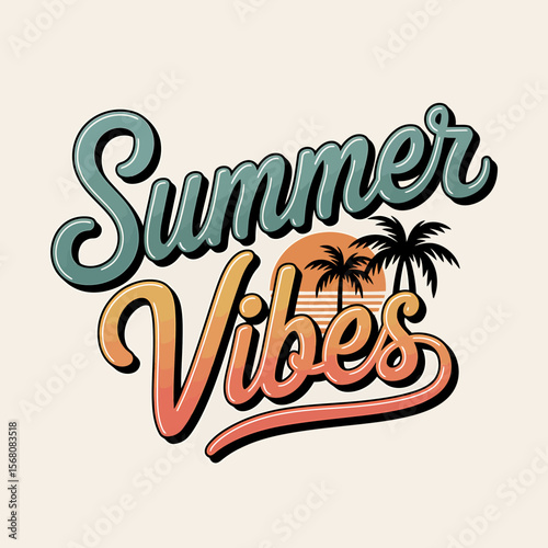 Retro summer vibes typography with palm trees and sunset