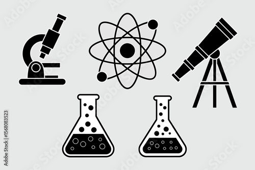 Collection of science icons including microscope atom telescope and laboratory flasks