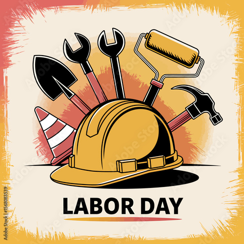 Labor day celebration with construction tools and safety helmet illustration