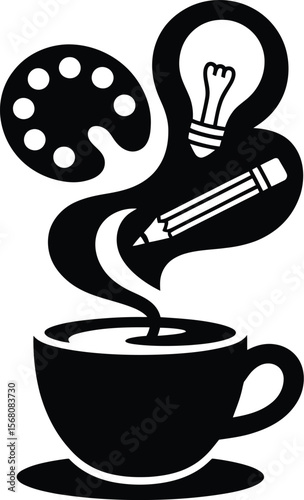 Creative inspiration from a cup of coffee with art supplies and lightbulb silhouette isolated on transparent background