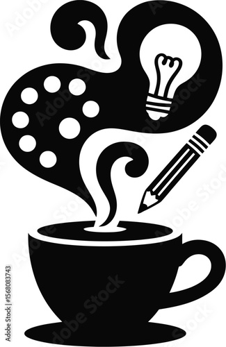 Creative idea inspiration from coffee cup with art palette and pencil silhouette isolated on transparent background
