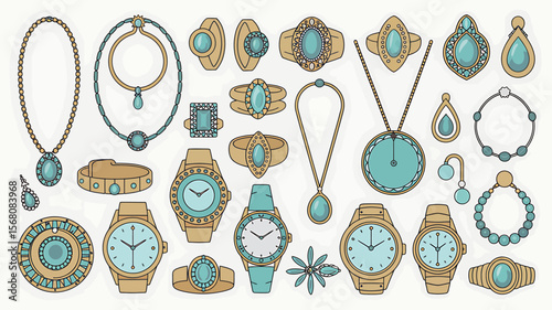 A Detailed Illustration of Various Luxurious Jewelry and Watches Necklaces, Rings, Bracelets, and More