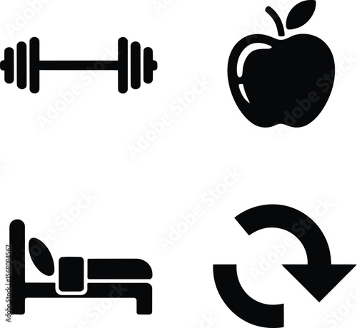 Four icons representing health and wellness lifestyle silhouette isolated on transparent background