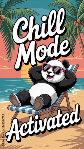 The illustration shows a cartoon panda lying on a chaise longue and relaxing under palm trees on the seashore. Vector graphics. EPS.