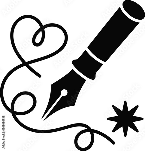 Fountain pen drawing a heart and flourish silhouette isolated on transparent background