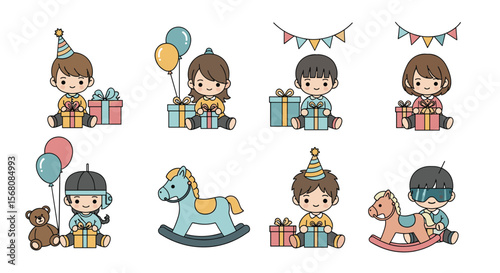 Cute Pixel Art Children Celebrating Birthdays with Gifts and Toys Collection Fun Childhood Moments