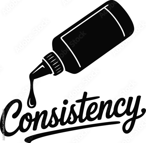 Black silhouette of a glue bottle dripping with the word consistency isolated on transparent background silhouette