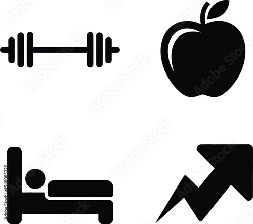 Four icons representing health and wellness including a dumbbell apple bed and growth chart silhouette isolated on transparent background
