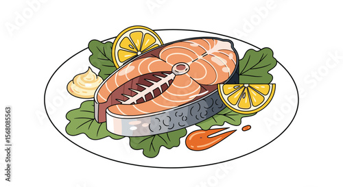 Delicious Healthy Salmon Steak Plated With Fresh Greens Lemon Slices And Sauces For Fine Dining