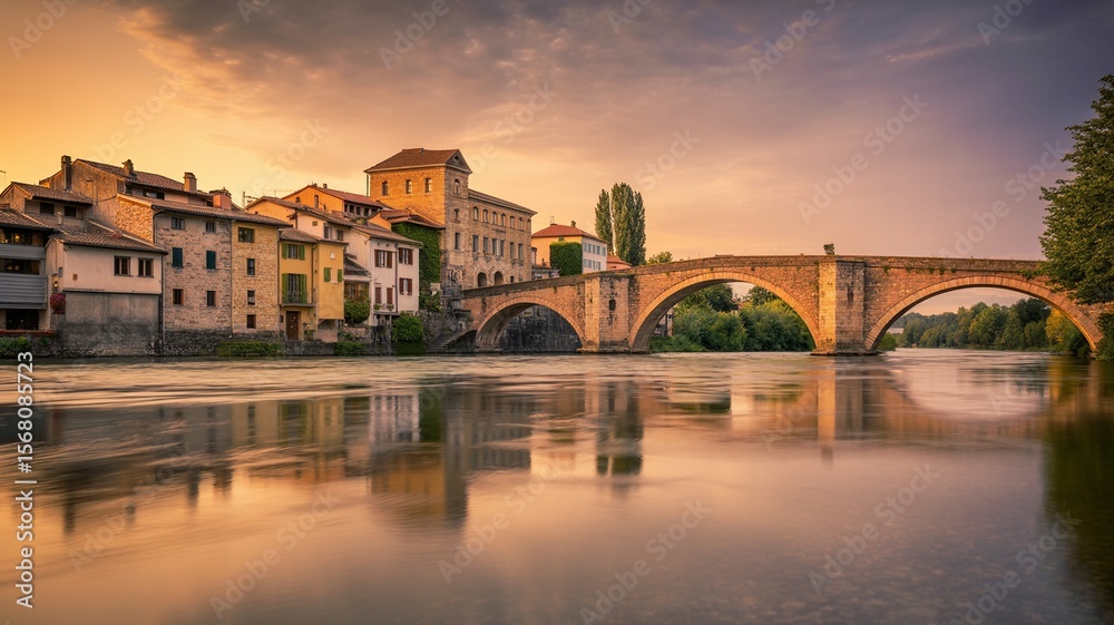 Obraz premium Reina. Moissac Bridge and Tarn River at Sunset, Tarn-et-Garonne, France
