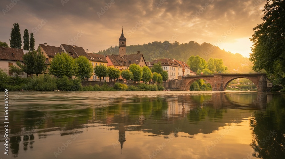 Fototapeta premium Reina. Golden Hour Reflection of Historic European Town and Stone Bridge over River