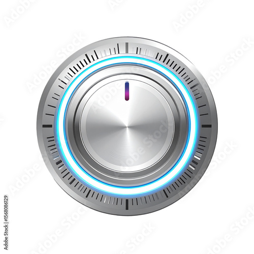 Metallic control knob with glowing blue ring