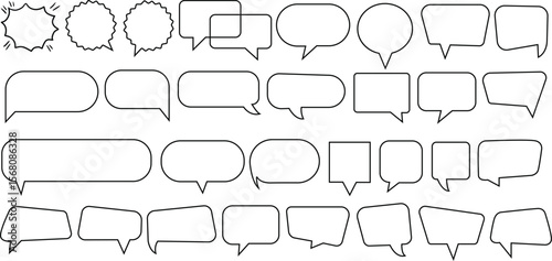 Speech bubble text frame dialog cloud hand drawn set. Blue flat doodle talk speech bubble frame. Hand drawn line chalk frame, think balloon, children doodle text cloud icon. Vector illustration.