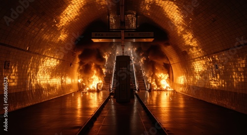 Inferno engulfs underground transit station, creating chaotic and dangerous conditions for