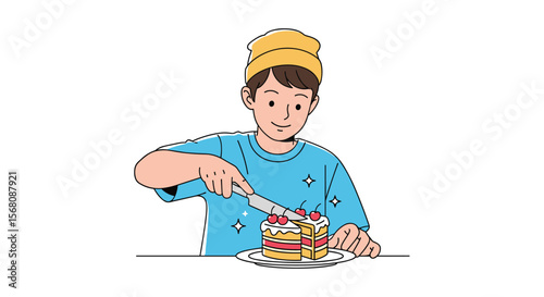 A young person in a yellow hat slices a delicious cake with fresh berries on top