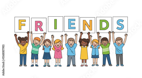Diverse Group of Happy Children Holding Up Friendship Letters Celebrating Togetherness and Unity