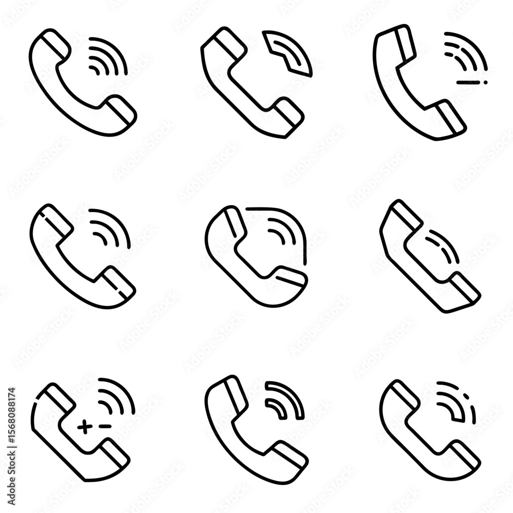 Fototapeta premium Vector set of phone icons for communication, minimalist style, black and white design