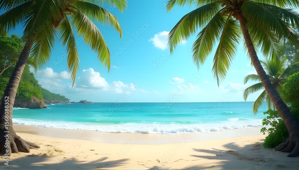 Obraz premium Sunny coastline framed by palm trees