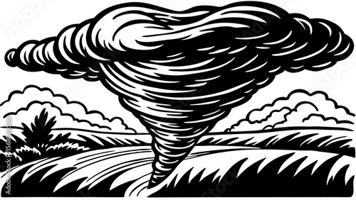 Vector illustration of a tornado in a rural landscape, weather phenomenon and natural disaster theme, black and white