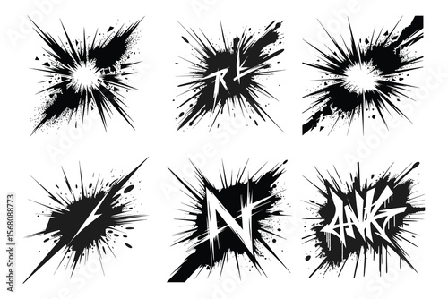 Grunge ink icon set. Abstract explosion, enso circle, vortex spiral, and dynamic letter logo elements On White Bg
