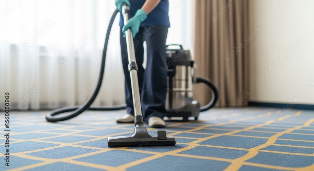 Fototapeta premium Professional cleaning service vacuuming carpet in modern room