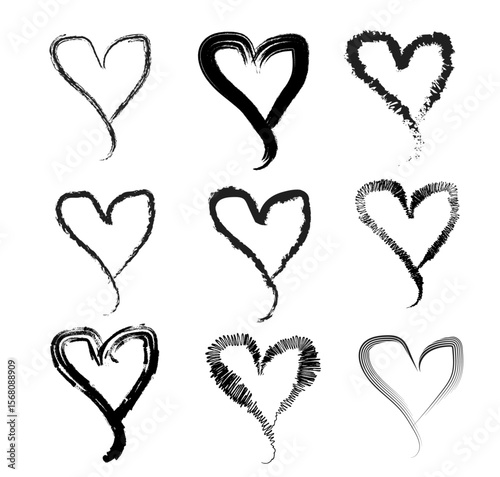 Heart Icon Set – Nine Unique Black Brush-Style Heart Designs
