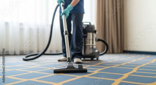 Professional cleaning service vacuuming carpet in modern room