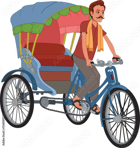 Indian cycle rickshaw with rickshaw driver_ colourful vector illustration in white background