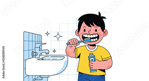 Young Boy Brushing Teeth With Toothpaste And Brush In Bathroom Sink For Dental Hygiene Routine