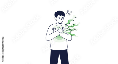 Person Experiencing Chest Discomfort and Difficulty Breathing with Green Swirls Emitting