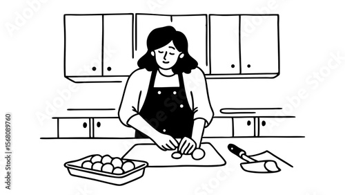 Vector illustration of a woman cooking in the kitchen, preparing food with eggs, culinary and home cooking theme, black and white
