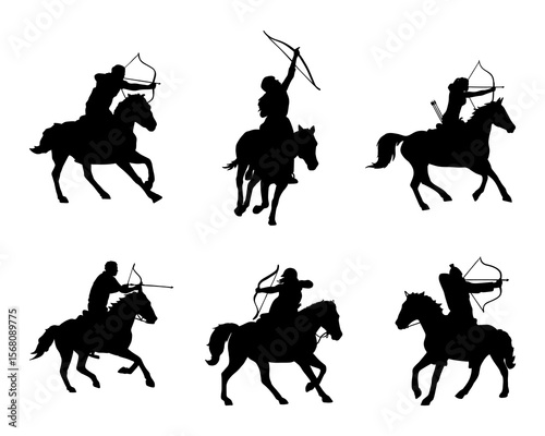 illustration silhouette of archer on horse collection set