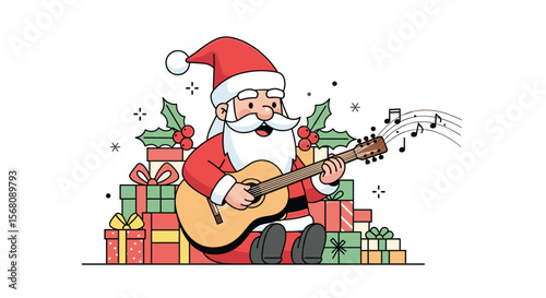 Santa Claus Playing Guitar Among Gift Boxes Spreading Holiday Cheer and Festive Music