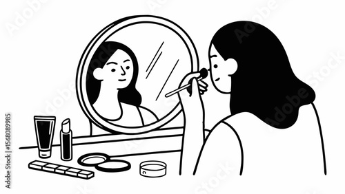 Vector illustration of a woman applying makeup at a vanity, beauty and personal care theme, black and white