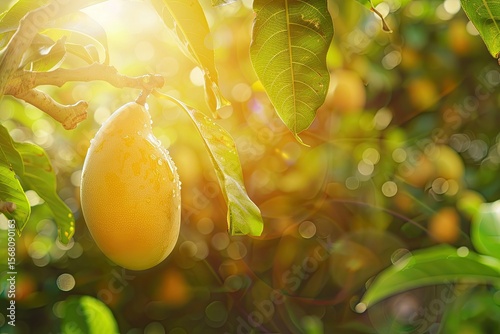 Sharp Image of Ripe Mango on Tree Branch, Farm and Sunlight Background